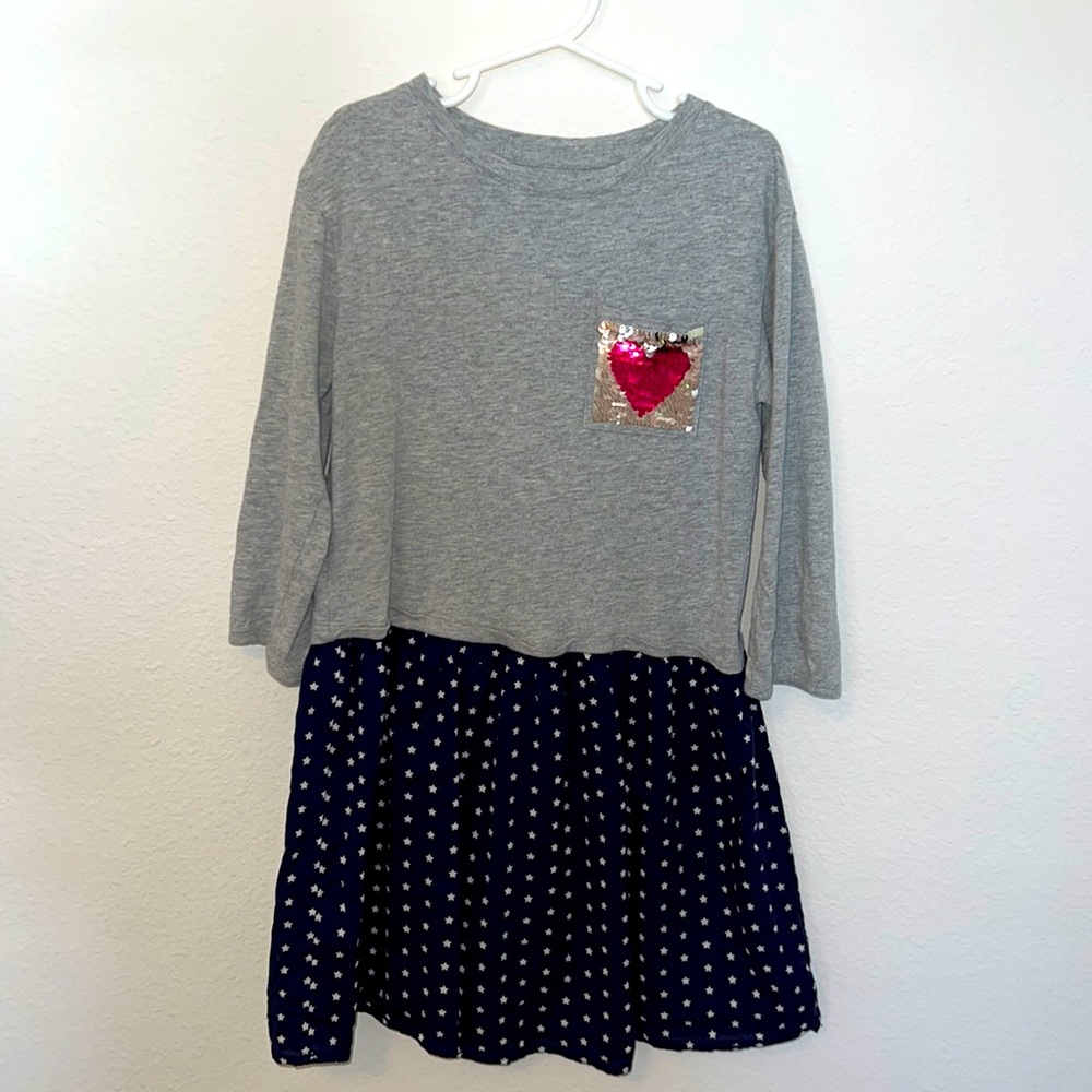 Gap Kids all in one dress with gray top and blue and white starred skirt.